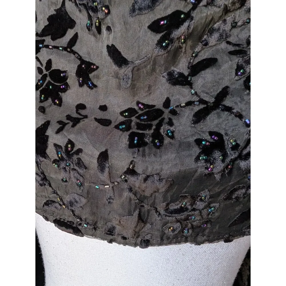 Vintage Black Velvet Beaded Burnout Floral Scarf Shawl Wrap Fringe Goth Witchy